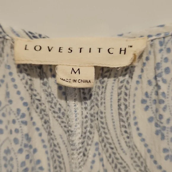 LOVESTITCH Blue white graphics tassel drawstring neckline Tiered Bell Sleeves Md - Picture 5 of 8